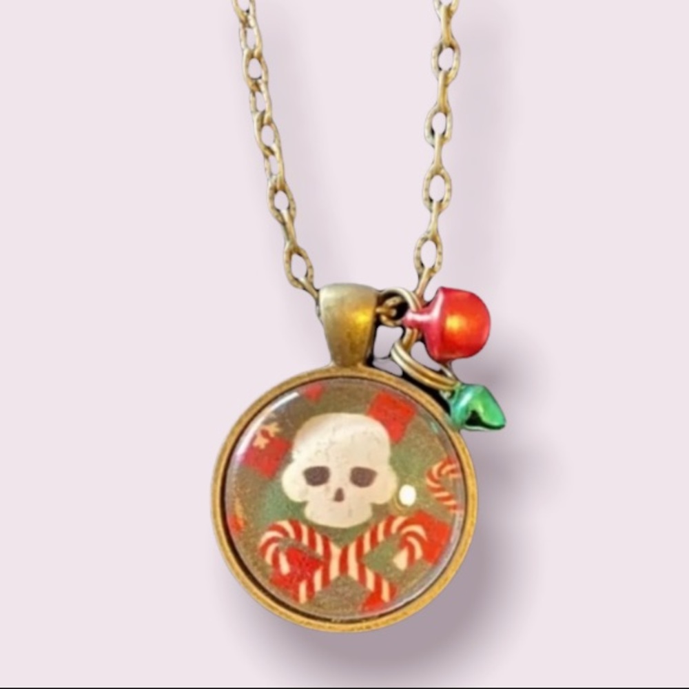 Skull and Candy Cane Crossbones Necklace with Bell Charms